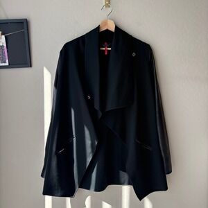 Spanx Black Drape Front Jacket Faux Leather Sleeves Waterfall Ponte Size Small